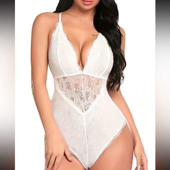 Sexy Lingerie Jumpsuit with Criss Cross Straps Semi Sheer White Lace Seduce, M - Picture 13 of 13